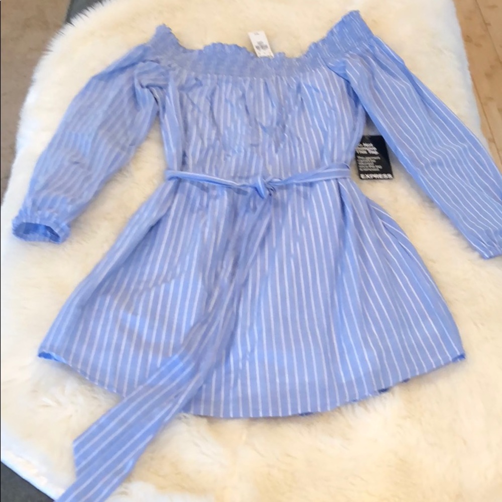 Blue $ White Off the Shoulder Dress